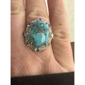 Natural Blue Turquoise Blue Topaz 925 Silver Ring Gold Plated Size 9